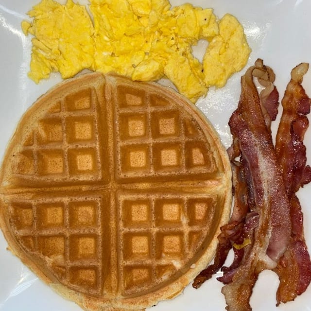 Belgian Waffle with Choice of Meat and 2 Eggs.